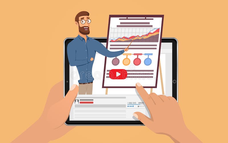 Ręki trzyma pastylkę z hansome influencer biznesowym mężczyzna E uczenie webinar szkoleniem Online edukacja przy wideo royalty ilustracja Ręki trzyma pastylkę z hansome influencer biznesowym mężczyzna E uczenie webinar szkoleniem Online edukacja przy wideo royalty ilustracja