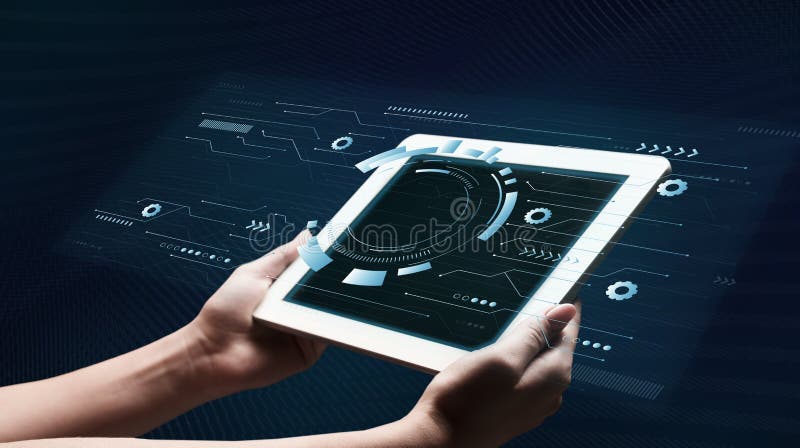 Ręki Trzyma pastylkę Z Wirtualnym pokazem, panorama. Future Technology Concept. Hands Holding Tablet With Virtual Display