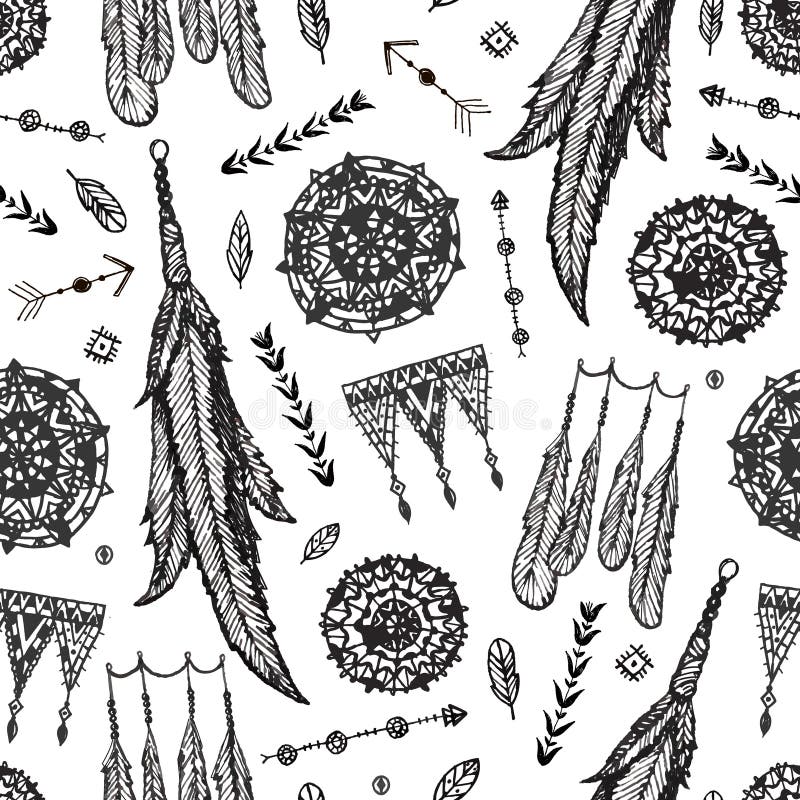 Modèle Sans Couture De Plume Tirée Par La Main De Boho