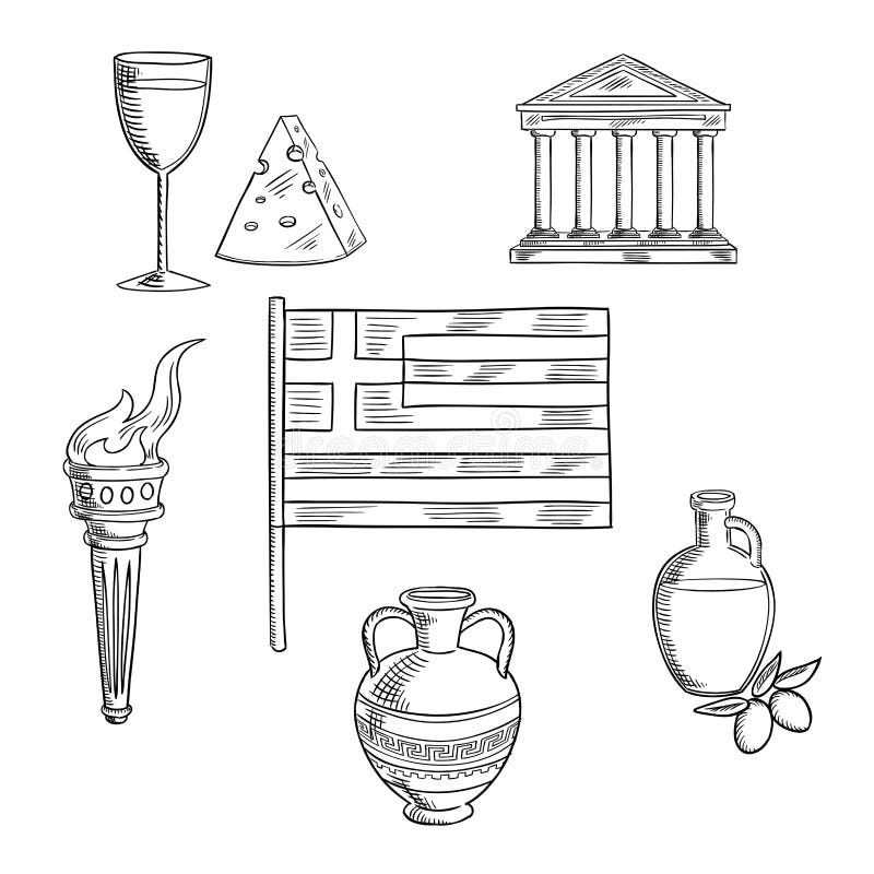 Símbolos De Grecia Y Objetos Tradicionales De La Cultura Ilustración del  Vector - Ilustración de fondo, indicador: 67879570
