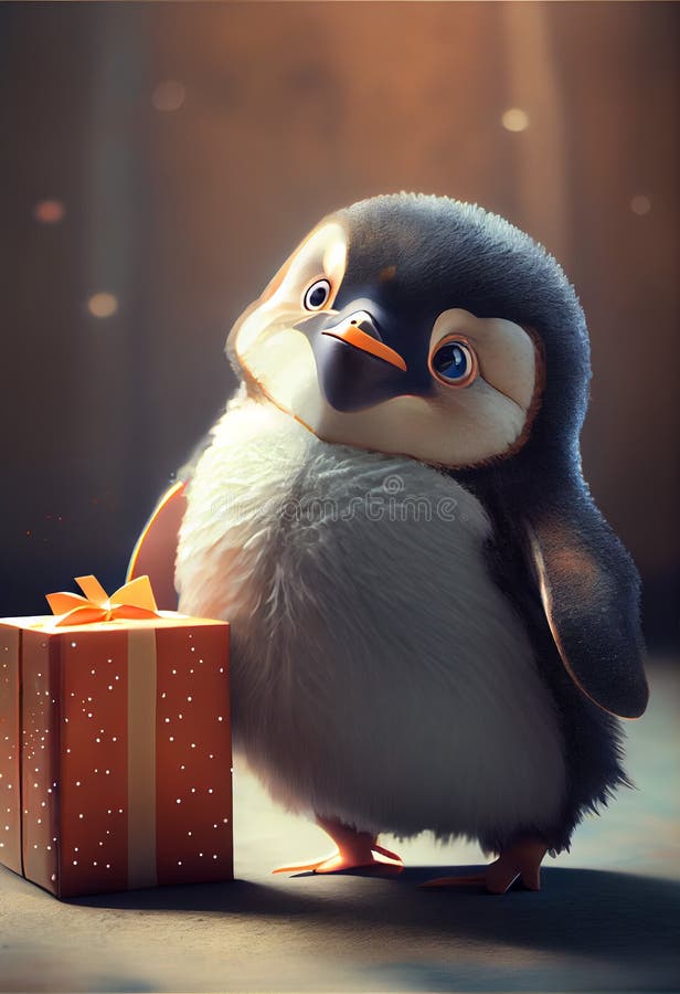 Süß Schmeichelnder Pinguin, Der Geschenke in Den Händen Hält. Ai