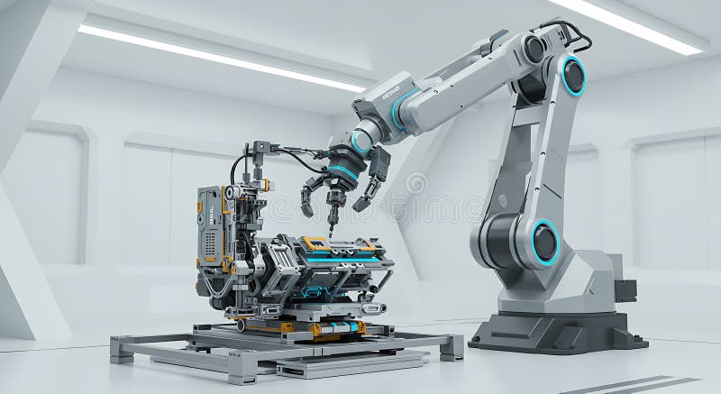 Industrial Robotic Arm Assembling Futuristic Machine in Clean Room vector illustration