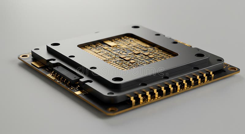 Advanced Electronic Processor Module: Golden Circuitry on Grey Board stock illustration