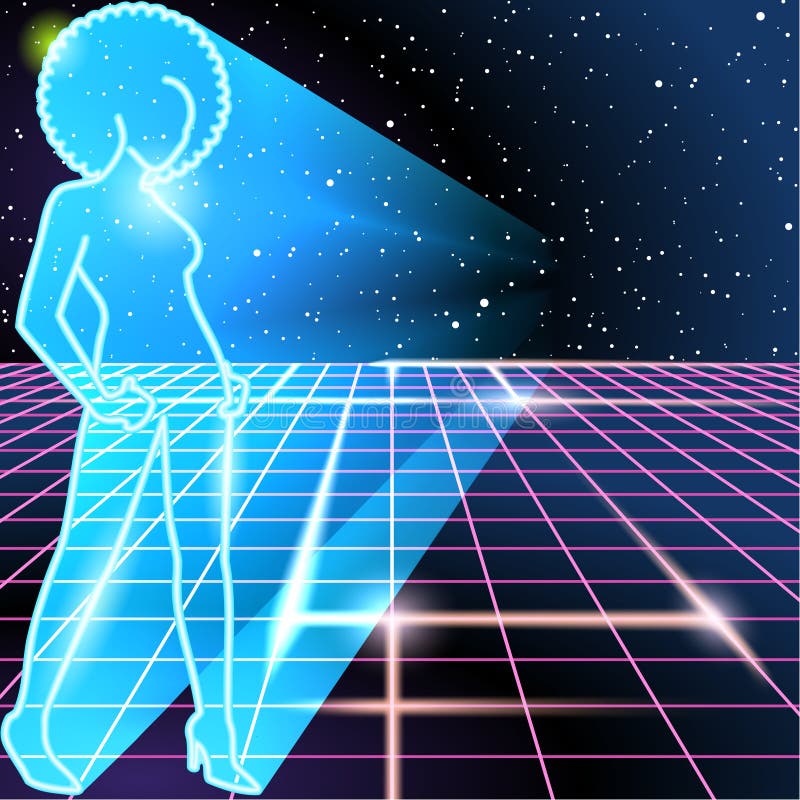1980's style image with silhouette of a woman sporting an afro. Graphics are grouped and in several layers for easy editing. The file can be scaled to any size. 80s background vectors