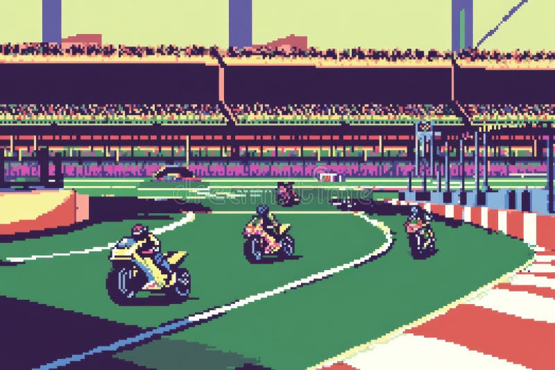 It& x27;s an 8-bit retro computer game scene of a motorbike race on a racetrack. stock images