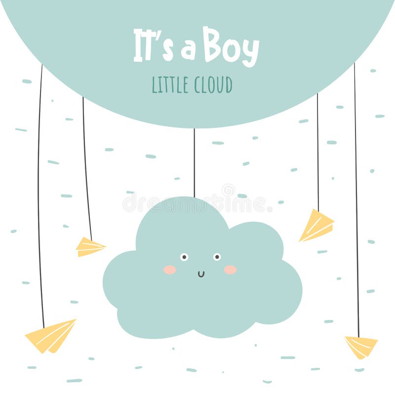 It`s a boy baby shower card, postcard, poster for birthday with cloud, paper planes, sky.