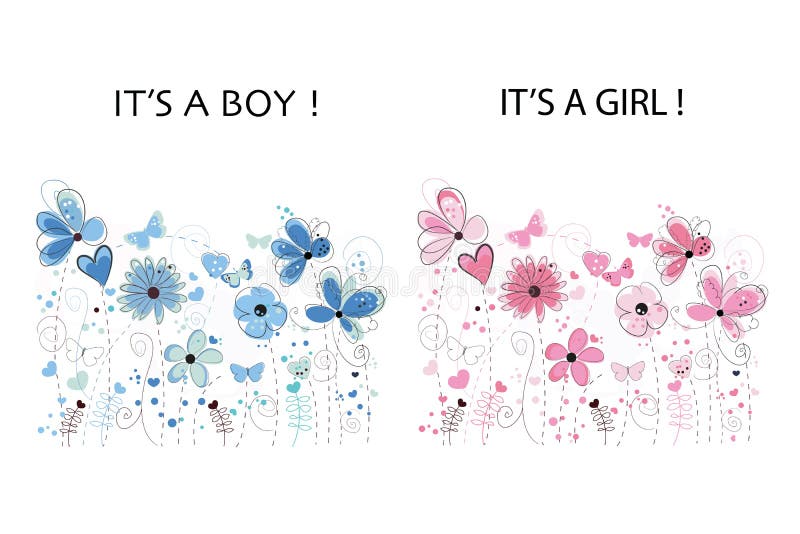 It`s a boy. It`s a girl. Baby shower greeting card. Floral greeting card. Pink and blue colored abstract decorative spring flowers