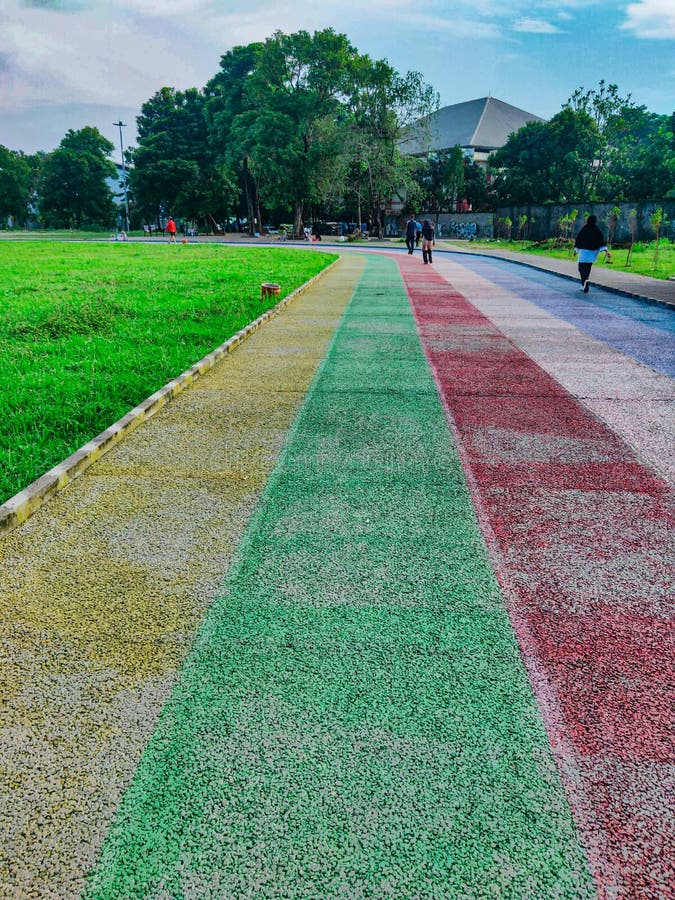 It's a colorful running track stock photo