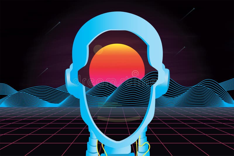 80`s futuristic retro landscape with robot head, sun and mountain. Vector illustration royalty free stock photos
