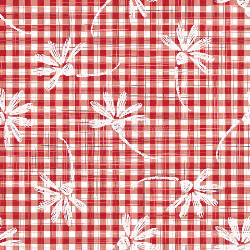 1950s Gingham Seamless Repeat Pattern Background. Red and White Printed with Daisy Motif. Classic Retro Fashion, Picnic