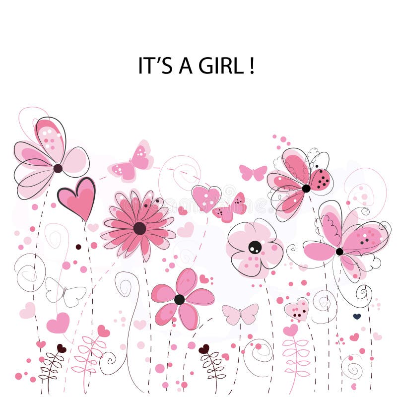 It`s a girl. Baby girl. Baby shower greeting card. Floral greeting card with pink decorative abstract spring flowers
