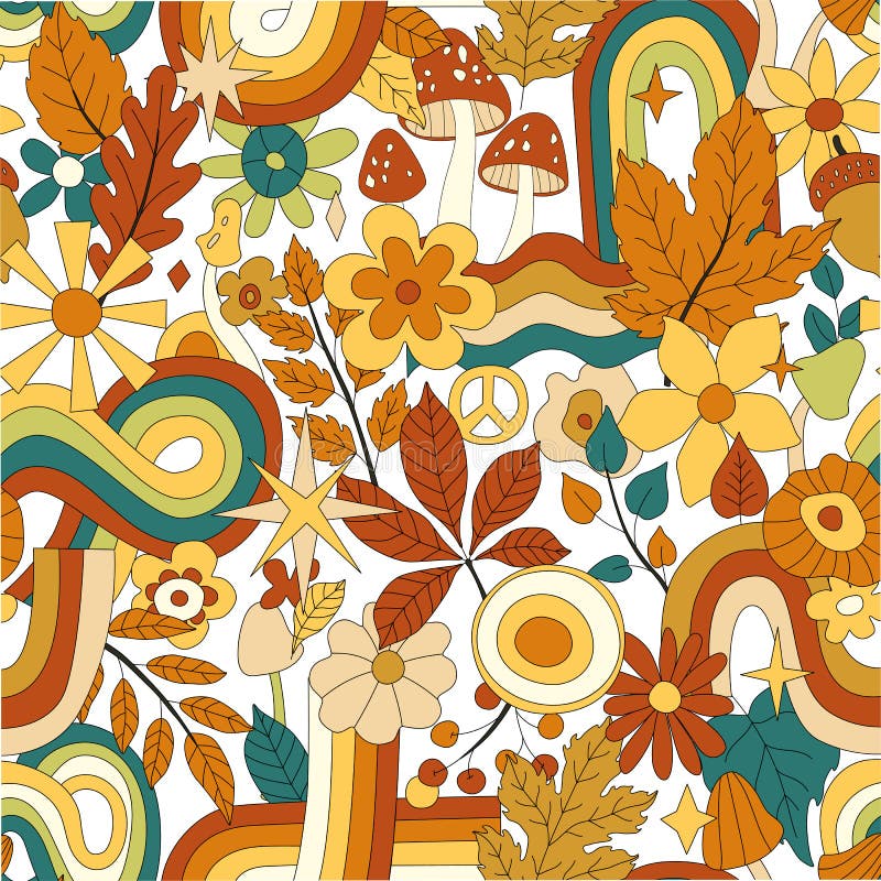 70s Groovy Hippie Retro Seamless Pattern. Vintage Floral Repeat Vector  Pattern. Wavy Floral Background with Rainbow, Leaves, Stock Vector -  Illustration of cloth, hippie: 230900026