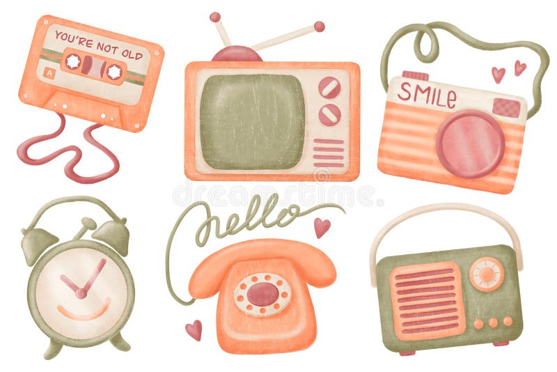 90&#x27;s retro objects illustration set. Audio cassette, tube TV, Camera, Phone, radio, alarm clock. Hand drawn clip art. 90&#x27;s retro objects illustration set. Audio cassette, tube TV, Camera, Phone, radio, alarm clock. Hand drawn clip art