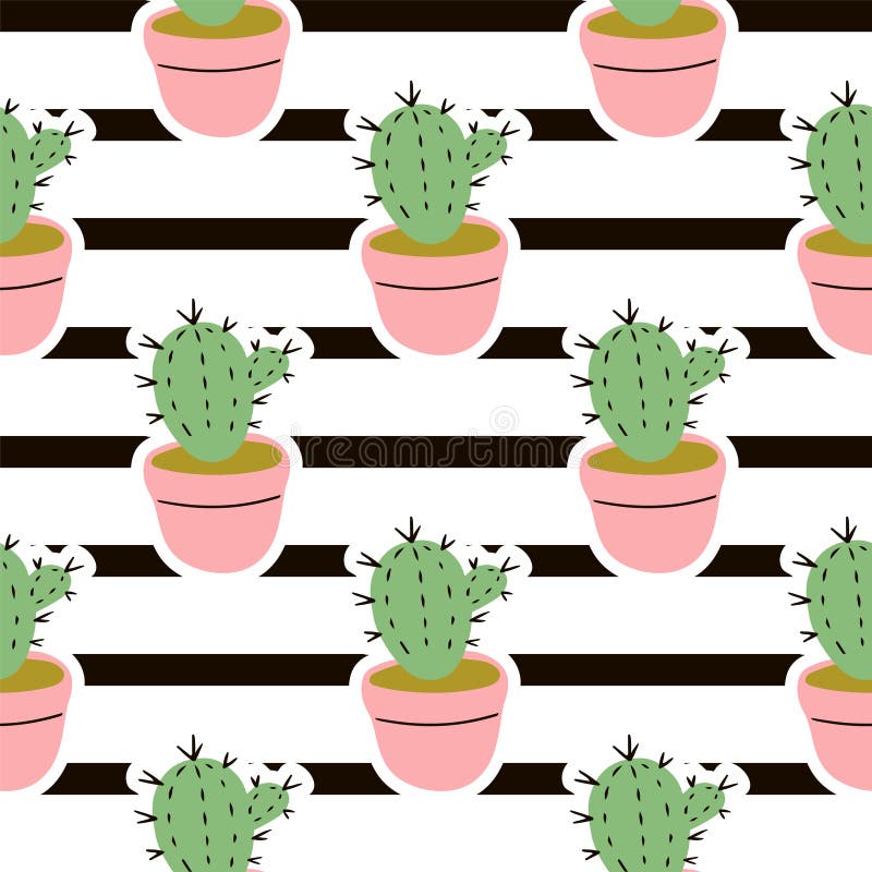 S?ml?s modell f?r vektor med kakturs i blomkrukor p? randig bakgrund stock illustrationer S?ml?s modell f?r vektor med kakturs i blomkrukor p? randig bakgrund stock illustrationer