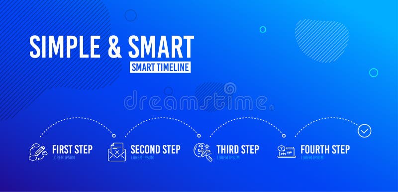 S? owa kluczowe, rewizja lot i odrzut listowe ikony ustawia? , Online pomocy znak wektor. Infographic timeline. Keywords, Search flight and Reject letter icons simple set. Online help sign. Marketing strategy, Airplane trip, Delete mail. Web support. 4 steps layout. Vector