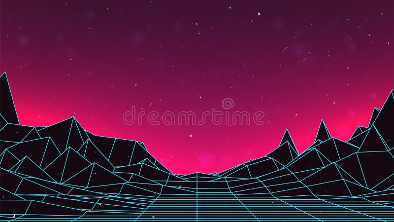 80s Retro Background. 3d Wireframe Landscape. Sharp Edges Terrain ...