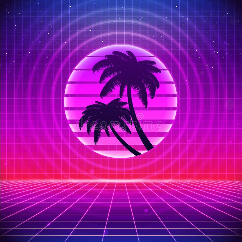 80s Retro Sci-Fi Background with Palms. Vector Futuristic Synth Retro ...