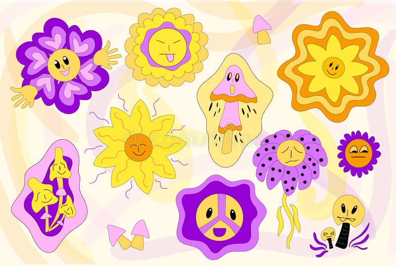 70s retro smiling daisy flower, mushroom illustration sticker set- Vector. 70s retro smiling daisy flower, mushroom illustration sticker set- Vector