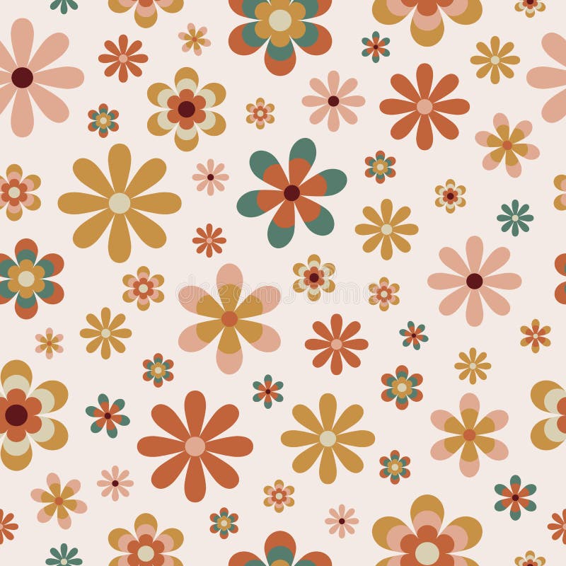 70 s seamless pattern. Retro flower seamless background in seventies style. Groovy scrapbook paper. Yellow, orange, brown, green