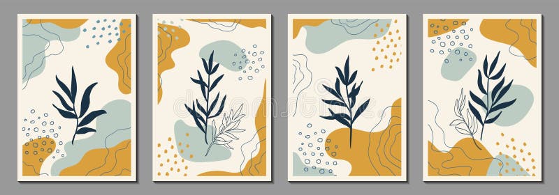 Botanical wall art. Abstract organic vector shapes, leaves, plants. Set of natural template, cover, poster, greeting card, frame stock illustration