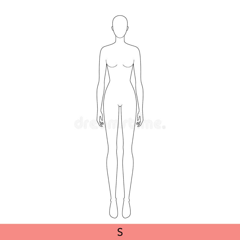 S Size Women Fashion template 9 nine head Croquis Lady model skinny body figure front, side, 3-4, back view. Vector