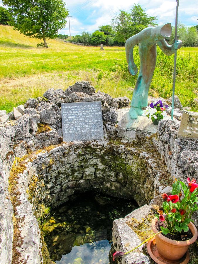 Probably a pagan well originally as spring wells were used by the old Druids when holding their liturgies. Tradition has it that St Patrick baptised people here in 441AD. It still is and has always been a place of pilgrimage. A new elegant statue has recently been erected at the well. The statue in bronze is an image of St Patrick about to baptise pilgrims at the well. St Patrick`s well which flows into nearby Lough Carra and has never yet been known to run dry. Alongside the well is a rock with the impression of the Saints knee. Probably a pagan well originally as spring wells were used by the old Druids when holding their liturgies. Tradition has it that St Patrick baptised people here in 441AD. It still is and has always been a place of pilgrimage. A new elegant statue has recently been erected at the well. The statue in bronze is an image of St Patrick about to baptise pilgrims at the well. St Patrick`s well which flows into nearby Lough Carra and has never yet been known to run dry. Alongside the well is a rock with the impression of the Saints knee.