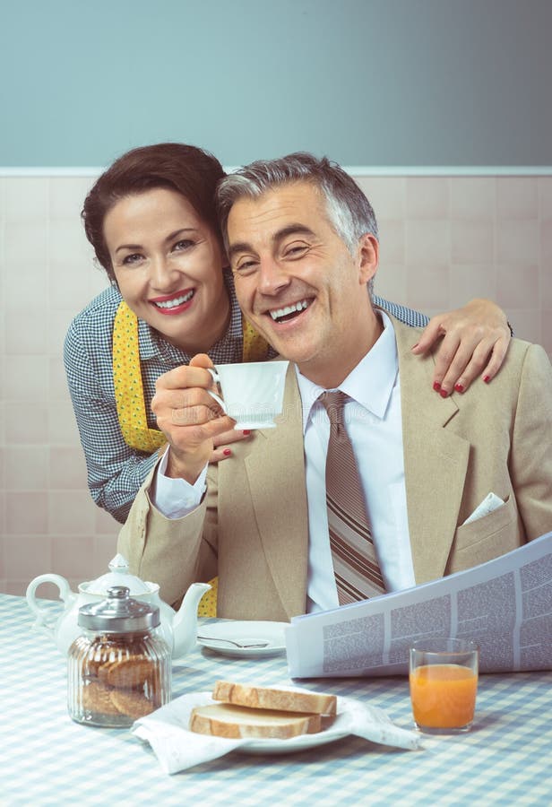 1950s Style Couple Having Breakfast Stock Image - Image of drink, cook