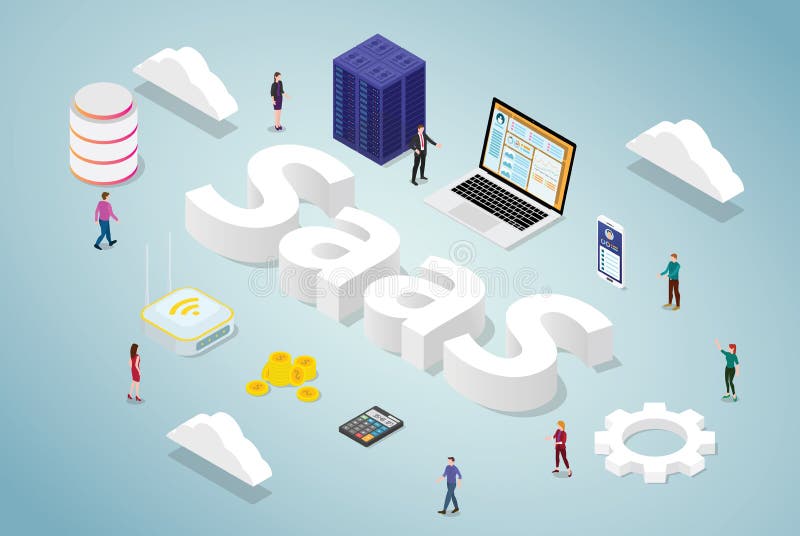 Saas oprogramowanie jako poważnego interesu pojęcie z dużą słowa i serweru baza danych app komputerową stroną internetową z isome ilustracji Saas oprogramowanie jako poważnego interesu pojęcie z dużą słowa i serweru baza danych app komputerową stroną internetową z isome ilustracji