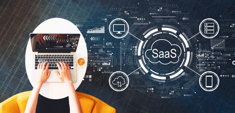SaaS - software as a service concept with person using a laptop stock photo
