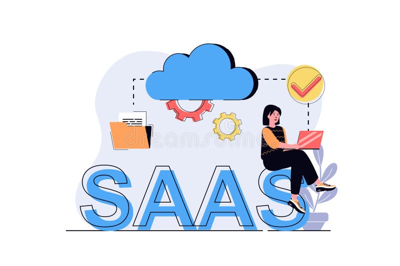 SaaS web concept with cartoon people design. Woman using software as service with online subscription, working with royalty free illustration