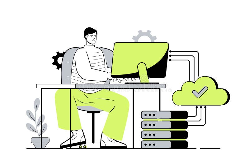 SaaS web concept with flat cartoon people for website design. Man using software as service and paying for online vector illustration