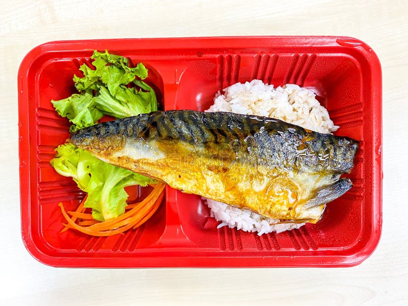 Saba Fish Grilled with Salad in the Food Container Stock Image Image