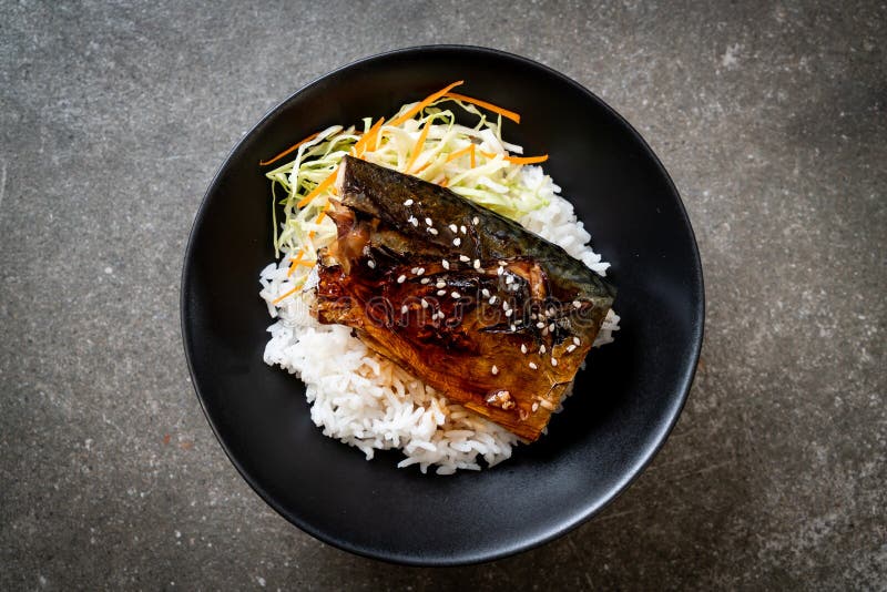 Saba Fish Grilled with Teriyaki Sauce on Topped Rice Bowl Stock Image ...