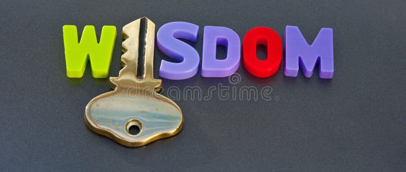 Text 'wisdom' in colorful uppercase letters with letter 'i' replaced by a gold key, dark background. Text 'wisdom' in colorful uppercase letters with letter 'i' replaced by a gold key, dark background.