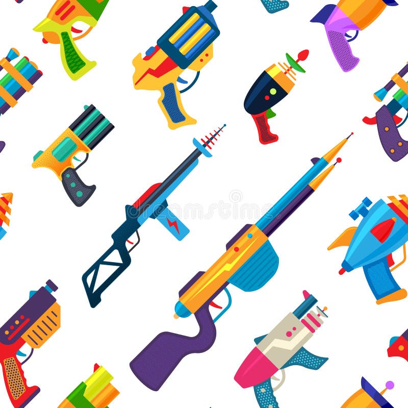 Cartoon gun vector toy blaster for kids game with handgun and raygun of aliens in space illustration set of child pistols and laser weapon seamless pattern background. Cartoon gun vector toy blaster for kids game with handgun and raygun of aliens in space illustration set of child pistols and laser weapon seamless pattern background.