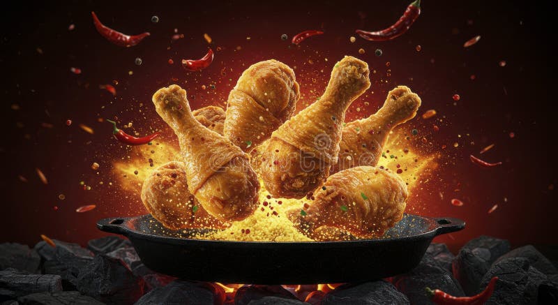 Sabor explosivo : Pollo frito dorado con especias feroces y magia culinaria libre illustration