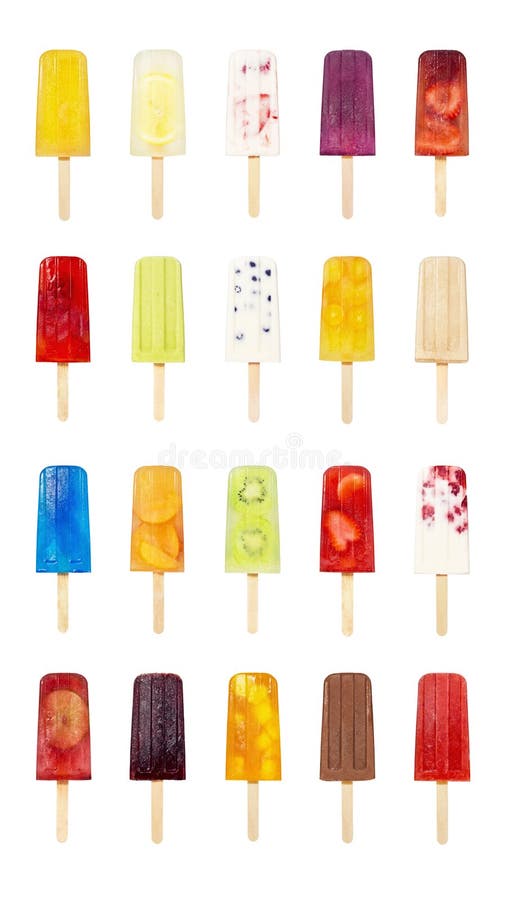 20 flavors of popsicles or ice lollies on wooden sticks together in one convenient collection. From left to right and top to bottom, the flavors are: Orange, Lemonade, Strawberry Frozen Yogurt, Grape, Strawberry, Raspberry, Avocado Lime, Blueberry Frozen Yogurt, Kumquat Citrus, Horchata, Blue, Peach, Kiwi, Strawberry Banana, Raspberry Frozen Yogurt, Cherry Lime, Black Cherry, Mango Chile, Fudgesicle, Strawberry Puree. 20 flavors of popsicles or ice lollies on wooden sticks together in one convenient collection. From left to right and top to bottom, the flavors are: Orange, Lemonade, Strawberry Frozen Yogurt, Grape, Strawberry, Raspberry, Avocado Lime, Blueberry Frozen Yogurt, Kumquat Citrus, Horchata, Blue, Peach, Kiwi, Strawberry Banana, Raspberry Frozen Yogurt, Cherry Lime, Black Cherry, Mango Chile, Fudgesicle, Strawberry Puree