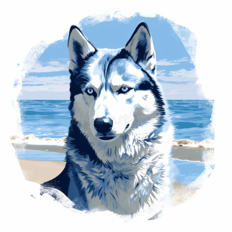 Siberian Husky Illustration: Beach Scene In Tonalism Style stock illustration