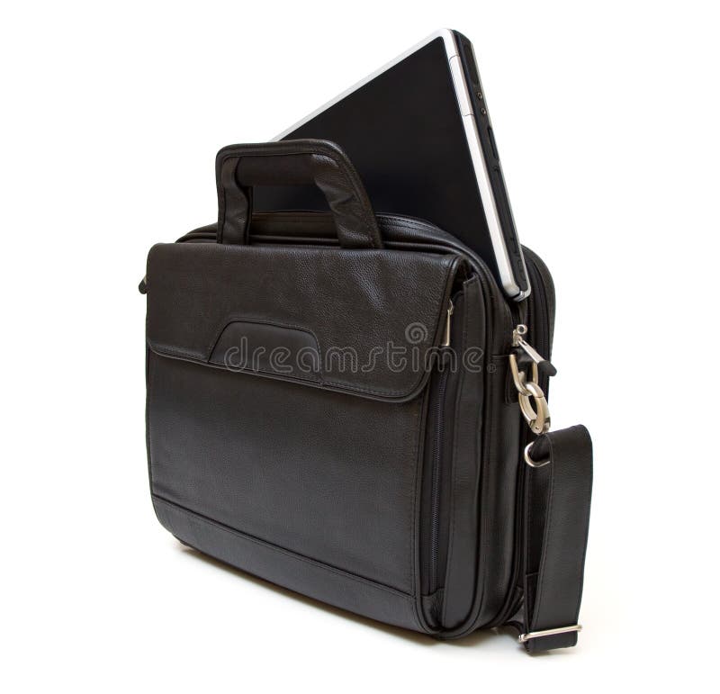 Sac en cuir noir d'ordinateur avec l'ordinateur portatif photo libre de droits Sac en cuir noir d'ordinateur avec l'ordinateur portatif photo libre de droits