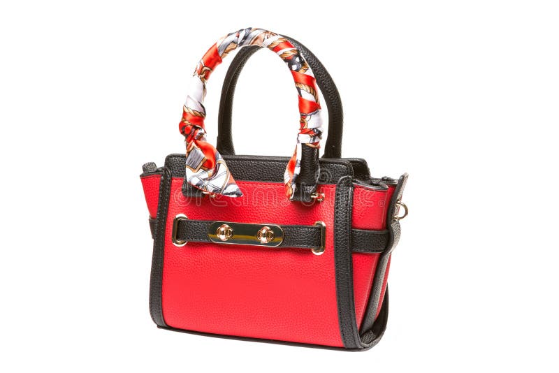 Sac femelle rouge avec les poignées noires, décoration sur la poignée, d'isolement sur le fond blanc photographie stock Sac femelle rouge avec les poignées noires, décoration sur la poignée, d'isolement sur le fond blanc photographie stock