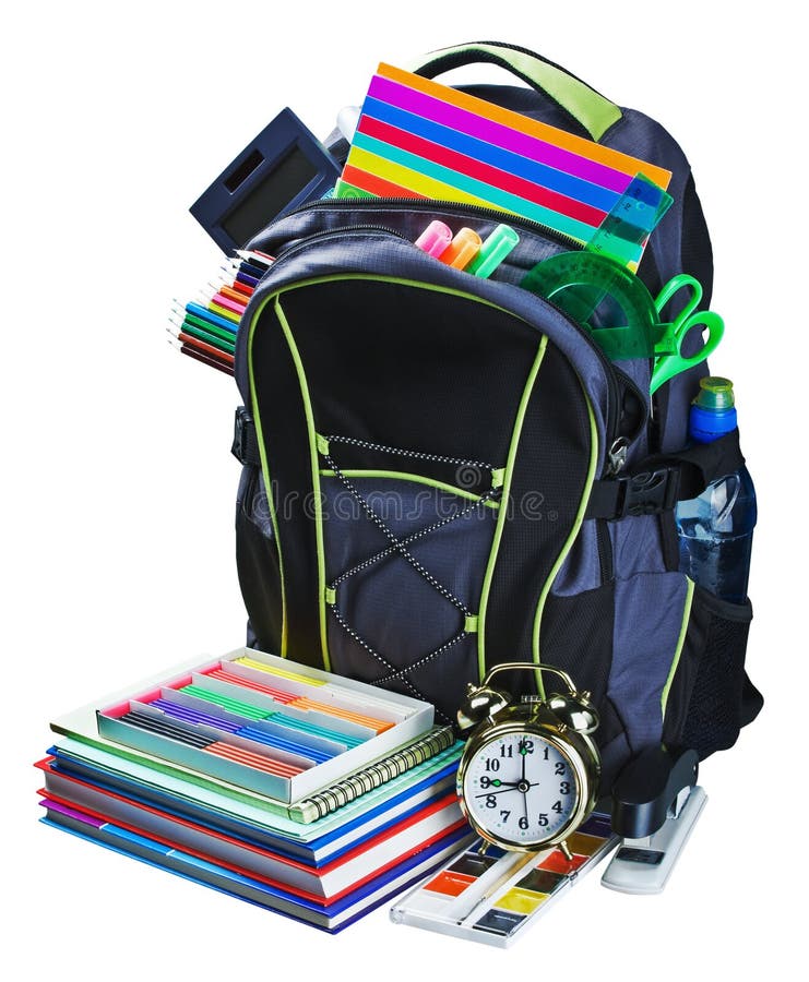 Sac à dos pour l'étude de papeterie d'école d'isolement image libre de droits Sac à dos pour l'étude de papeterie d'école d'isolement image libre de droits