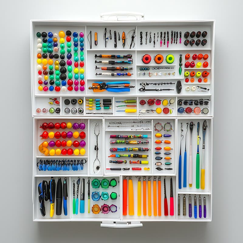 Sacchetto di pesca colorato organizzato in una scatola bianca illustrazione vettoriale