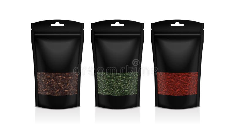 Sachet en plastique noir avec des fenêtres Thé noir, vert, rouge Collection de maquette de calibre d'emballage illustration stock
