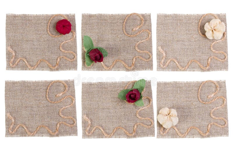 Sackcloth and Flower Decoration, Burlap Fabric Label Patch Set, Rustic Sack Cloth Piece royalty free stock photos Sackcloth and Flower Decoration, Burlap Fabric Label Patch Set, Rustic Sack Cloth Piece royalty free stock photos