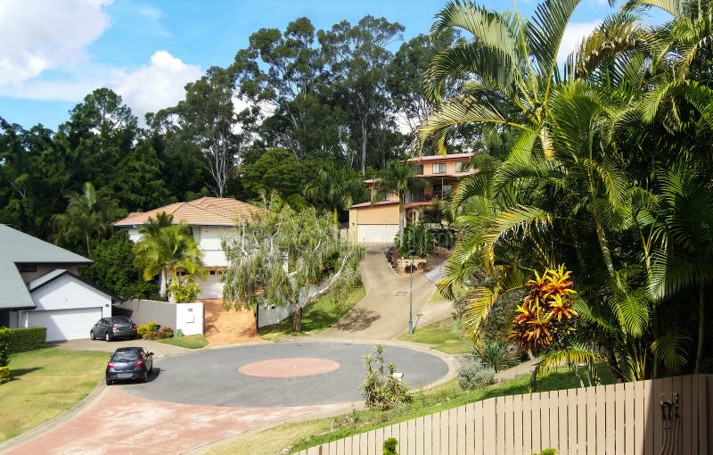 Sackgasse in Vorort Queenslands Australien mit Häusern oben auf Hügeln mit steilen Fahrstraßen und hohe Eukalypten hinten und tro lizenzfreies stockfoto Sackgasse in Vorort Queenslands Australien mit Häusern oben auf Hügeln mit steilen Fahrstraßen und hohe Eukalypten hinten und tro lizenzfreies stockfoto