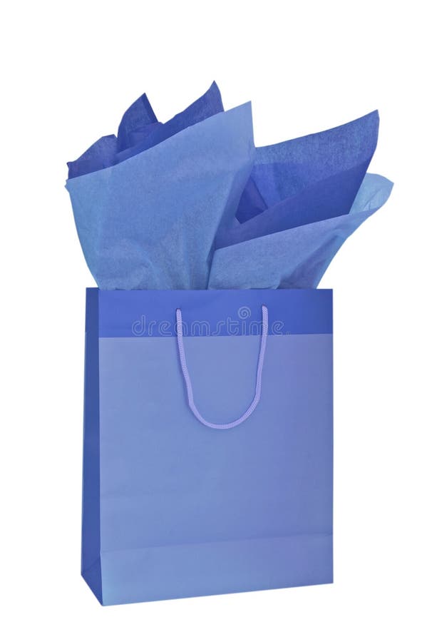 Saco azul do presente com papel de tecido