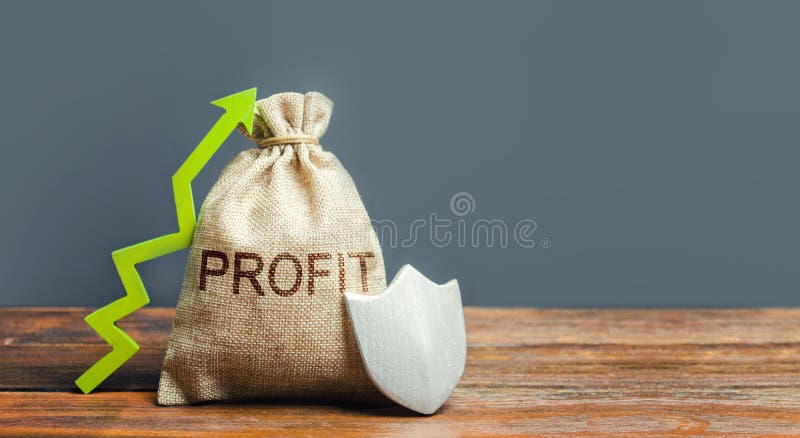 Bag with inscription Profit, a green arrow up and shield. Concept of protection of money, guaranteed deposits. Increasing the safety of savings. Client rights protection. safeguarded capital. Bag with inscription Profit, a green arrow up and shield. Concept of protection of money, guaranteed deposits. Increasing the safety of savings. Client rights protection. safeguarded capital