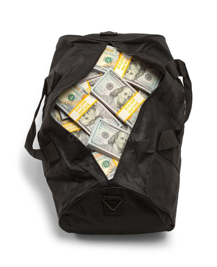 Saco de lona cheio de dinheiro, vista de cima imagem de stock royalty free