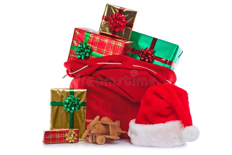 Saco de Papá Noel por completo de presentes envueltos regalo fotos de archivo libres de regalías Saco de Papá Noel por completo de presentes envueltos regalo fotos de archivo libres de regalías