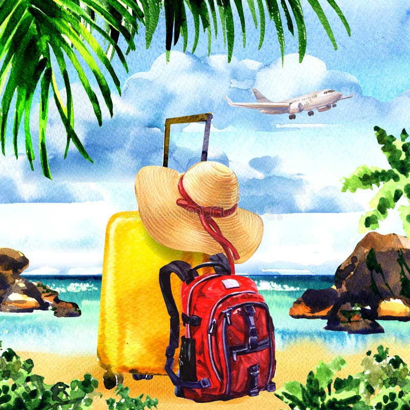 Saco do curso com chapéu de palha e trouxa na ilha com palmeiras, avião de voo do paraíso no céu, horas de verão, férias ilustração stock Saco do curso com chapéu de palha e trouxa na ilha com palmeiras, avião de voo do paraíso no céu, horas de verão, férias ilustração stock